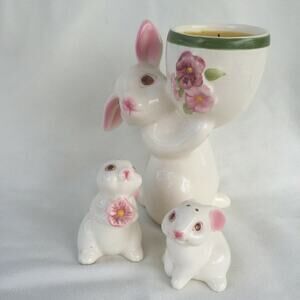 Vintage AVON Porcelain Rabbit Votive Candle Holder Bunnies Salt & Pepper Shakers